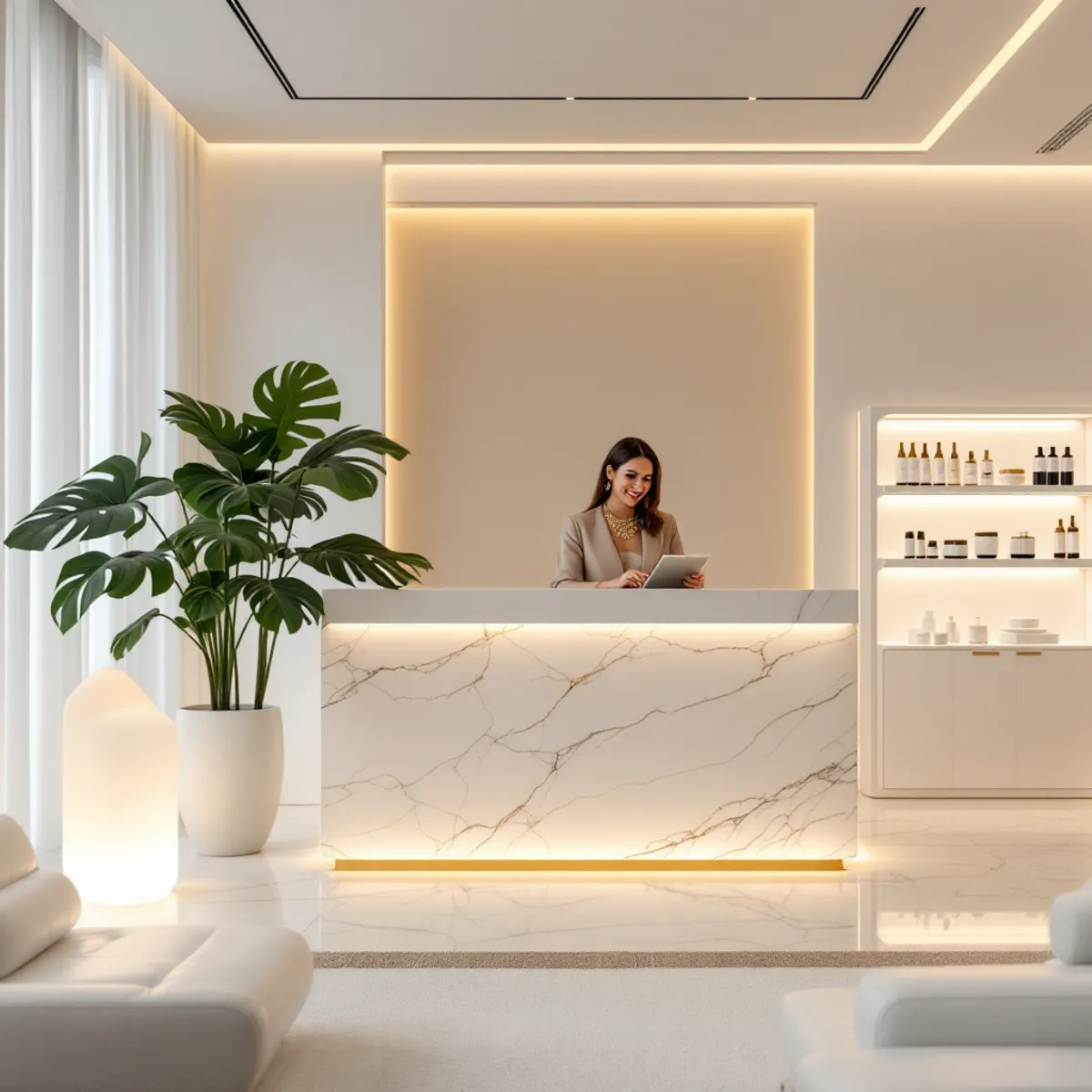 Lumière reception area with marble desk, warm lighting, and product displays